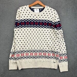 On The Byas Womens Large Fair Isle Knit Sweater Beige Navy Red Geometric Speckle